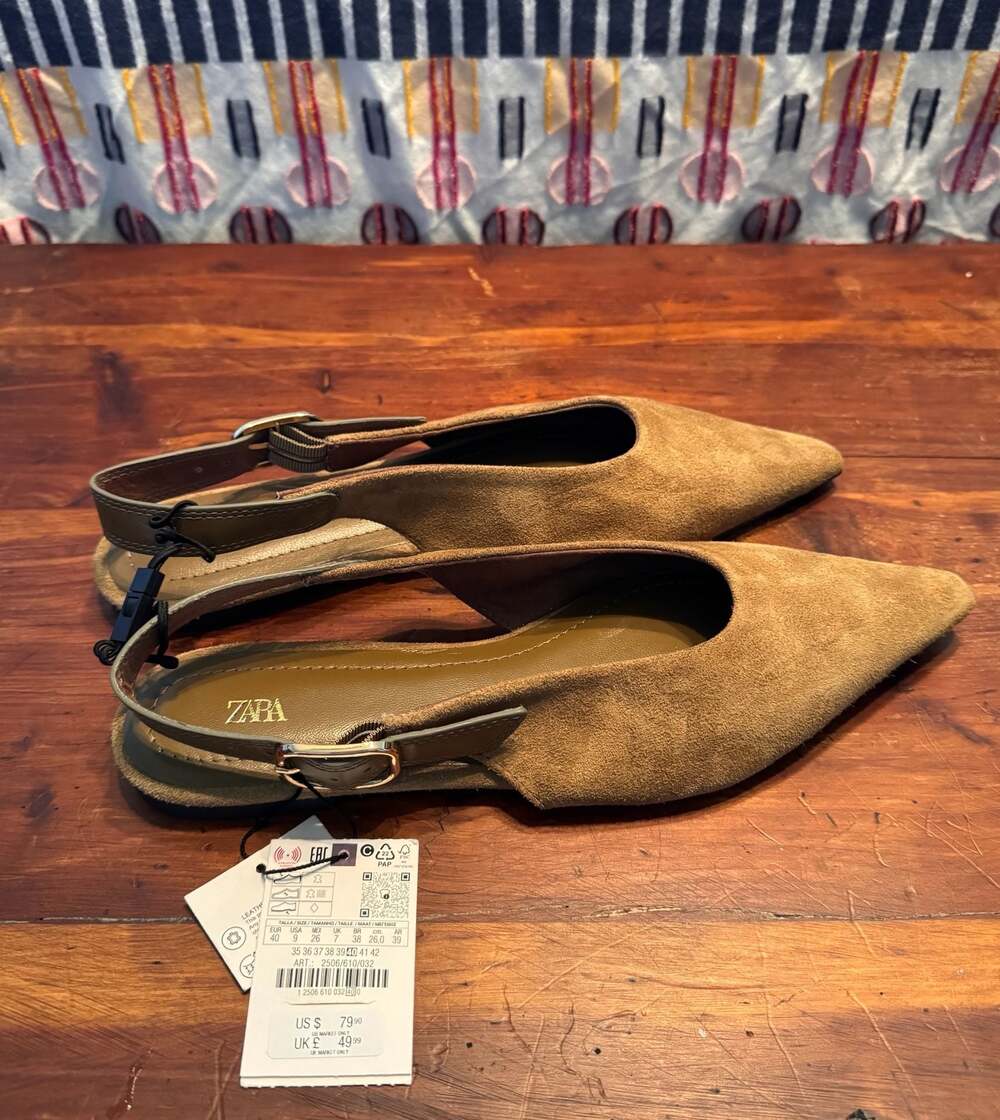 New Zara Suede Slingback Pointed Toe Flat Shoes Size 9